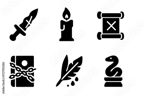 Forbidden Icons Set. Solid, filled icon set of forbidden items: cursed dagger, black candle, soul orb, forbidden scroll, chained book, ritual knife,