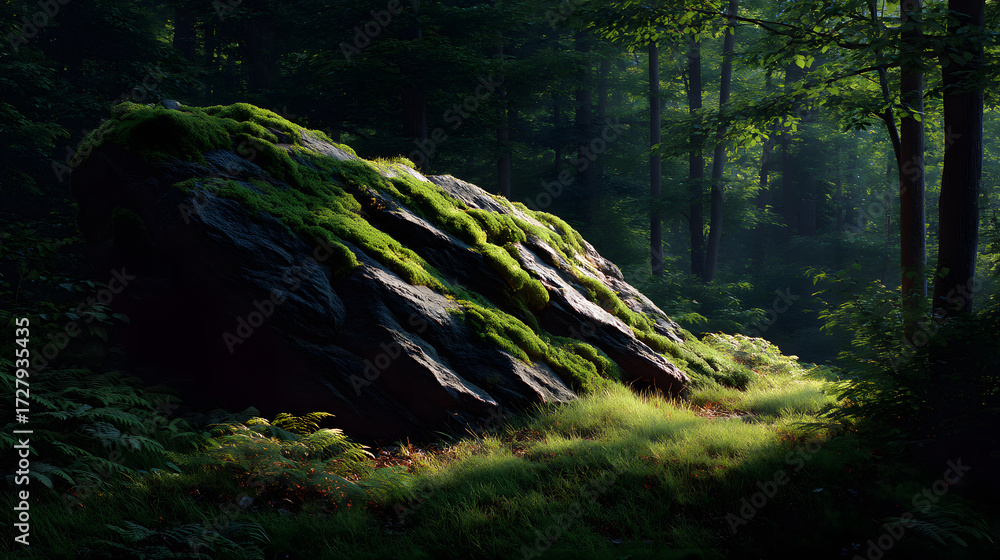 Obraz premium Sunlit Stone Sanctuary: Sunlight illuminates a moss-covered rock formation, set amidst a vibrant green forest, creating a scene of tranquil natural beauty.