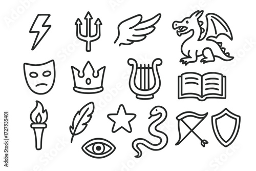 Mythological Icons Doodle. Hand-drawn doodle illustration Mythology symbols lightning bolt, trident, wing, dragon, mask, crown, harp, book, torch, feather,