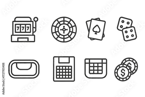 Casino Game Icons. Outline icon set of casino games: slot machine, roulette wheel, poker cards, dice, blackjack table, bingo card, craps table, baccarat chips.