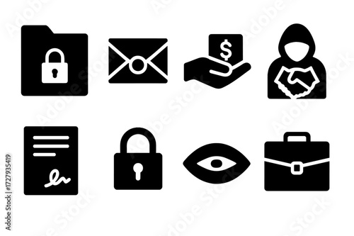 Secret Deal Icons. Solid, filled icon set of secret deals: confidential file, sealed envelope, hand with money, hidden handshake, contract, lock, eye with