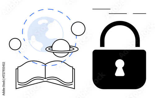 Open book with Earth and planets symbolizing learning, exploration, and discovery, alongside a padlock emphasizing security. Ideal for education, science, knowledge protection, cybersecurity