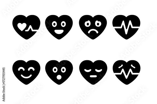 Heartbeat Emotion Icons. Solid, filled icon set of heartbeat emotions: love, excitement, anxiety, fear, happiness, shock, calmness, stress. Solid, filled icons