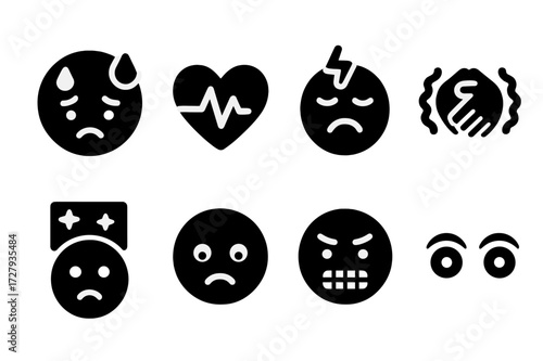 Stress Alert Icons. Solid, filled icon set of stress warning signs: sweating face, rapid heartbeat, headache, shaking hands, sleeplessness, frown, clenched