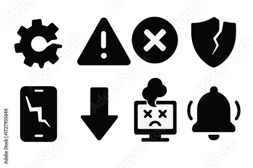 Failure Icons Set. Solid, filled icon set of failure concepts: broken gear, warning triangle, error cross, cracked shield, malfunctioning device, downward