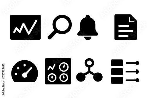 Network Monitoring Icons. Solid, filled icon set of network monitoring: graph chart, magnifying glass, alert bell, log file, performance meter, dashboard,