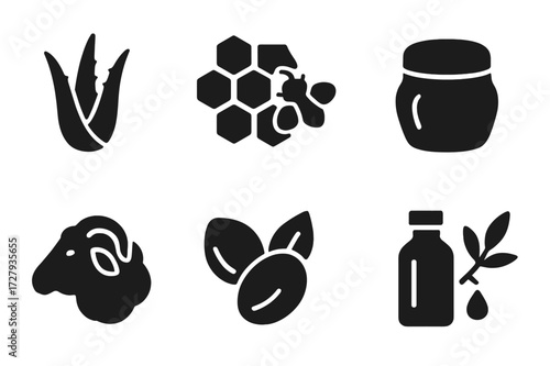 Ointment Ingredient Icons. Solid, filled icon set of ointment ingredients: aloe vera, beeswax, vitamin E, petroleum jelly, lanolin, shea butter, menthol, tea