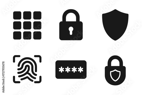 Security Icon Set. Solid, filled icon set of PIN security: keypad, lock, shield, fingerprint scanner, keycard, password input, eye with slash, secure padlock.