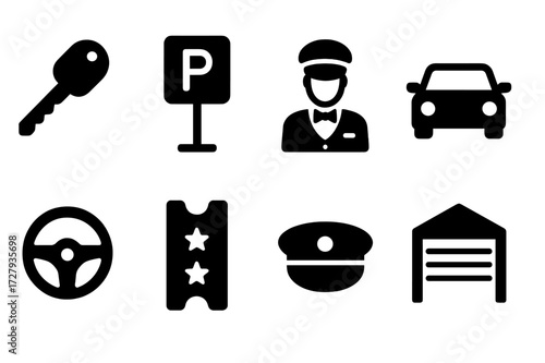 Valet Service Icons. Solid, filled icon set of valet service: car key, valet parking sign, valet driver, parked car, steering wheel, ticket stub, uniform hat,