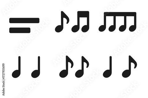 Percussion Rhythm Icons. Solid, filled icon set of percussion rhythms: clave, cascara, tumbao, samba, bossa nova, rock beat, shuffle, polyrhythm. Solid, filled