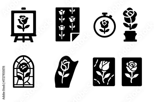 Rose Art Icon Set. Solid, filled icon set of rose art and decor: rose painting, rose wallpaper, rose embroidery, rose sculpture, rose stained glass, rose