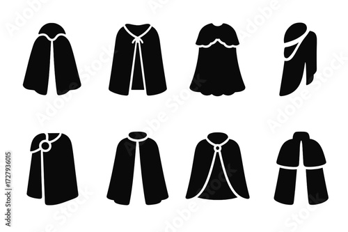 Historical Capes Icon Set. Solid, filled icon set of historical capes: medieval cape, Renaissance cape, Victorian cape, Roman toga, Viking cloak, Elizabethan
