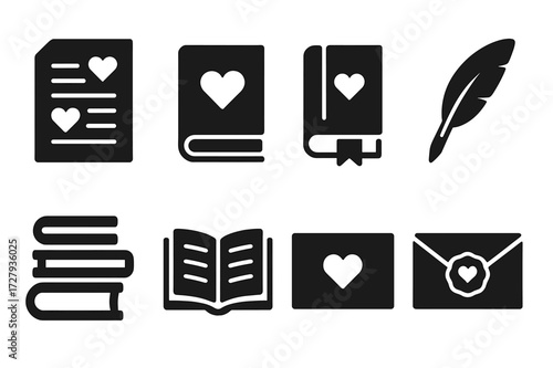 Romantic Literature Icons. Solid, filled icon set of romantic literature: love poem, romantic novel, heart bookmark, quill pen, book stack, open book, love
