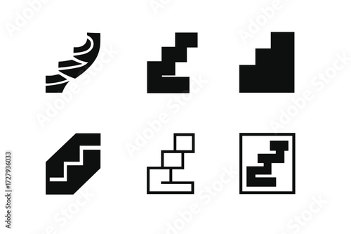 Floating Staircase Logos. floating staircase. Set Logo of floating staircase: modern steps. harmonious logo variations of the same emblematic concept, each