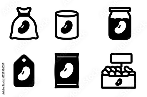 Kidney Bean Pack Icons. Solid, filled icon set of kidney bean packaging: sack of beans, canned beans, paper bag, glass jar, tin can, label tag, sealed pack,