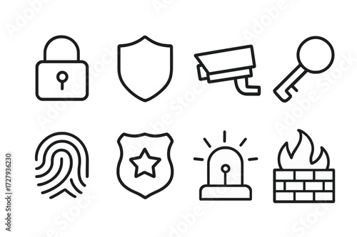 Security Icon Set. Outline icon set of security concepts: padlock, shield, CCTV camera, key, fingerprint, security badge, alarm bell, firewall. Line icons in