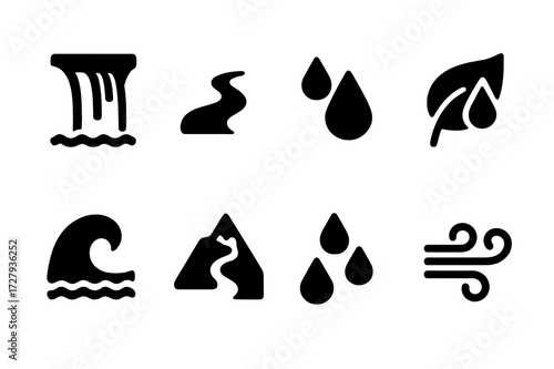 Nature's Cleansing Icons. Solid, filled icon set of natural cleansing: waterfall, river stream, rain droplets, leaf washing, ocean wave, mountain spring, dew