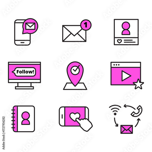 Collection of modern communication and social media icons for digital design and concept