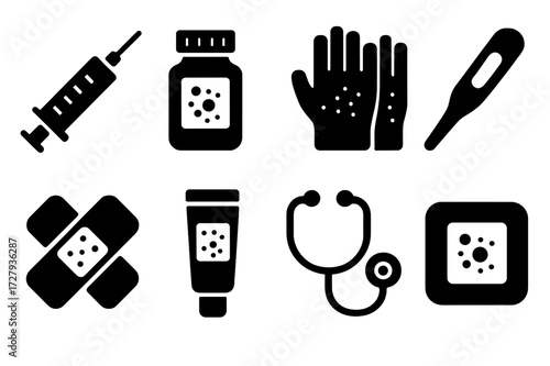 Medical Tools Icons. Solid, filled icon set of rash related medical tools: syringe, pill bottle, medical gloves, thermometer, bandage, ointment, stethoscope,