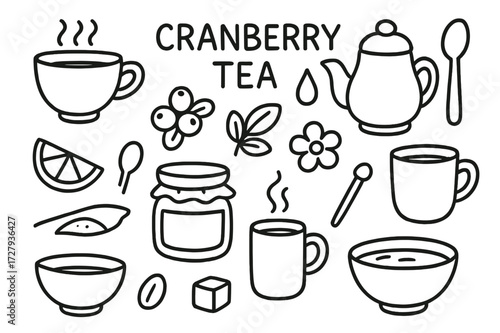 Cranberry Tea Doodle Icons. Hand-drawn doodle illustration Cranberry tea teacup, teapot, spoon, slice, jar, droplet, berries, leaf, flower, seed, sugar cube,