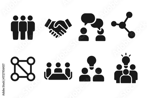 Peer Group Icons. Solid, filled icon set of peer group: people standing, handshake, conversation bubbles, connected dots, network nodes, collaboration, team