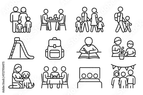 Family Life Icons. Family life. Line icon set of family life: parents with children, breakfast table, family outing, playground, school bag, homework, bedtime