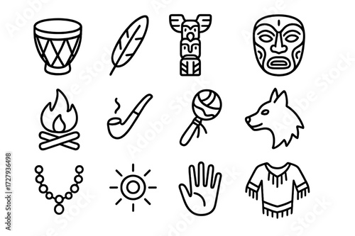 Indigenous Ritual Icons. Indigenous rituals. Line icon set of indigenous rituals: drum, feather, totem pole, mask, fire, pipe, shell rattle, animal spirit,