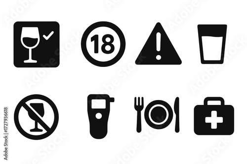 Safety Icon Set. Solid, filled icon set of shot safety and moderation: drink responsibly sign, age restriction, warning sign, water glass, first aid kit, no