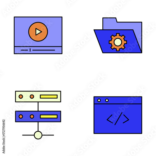 Digital world essentials Video playback, settings, server, and coding icons for your projects