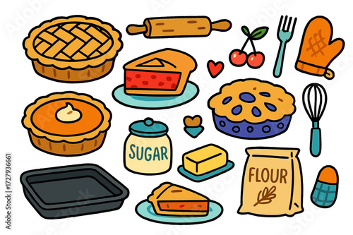Colorful Pie Doodles. Pie. Colorful Hand-drawn doodle Children illustration Pie apple pie, cherry pie, pumpkin pie, blueberry pie, slice of pie, rolling pin,