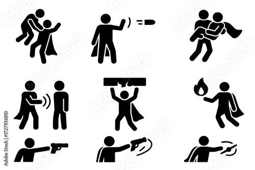 Heroic Powers Icons. Solid, filled icon set of hero telekinesis powers: lifting ally, halting bullet, mid-air rescue, disarming foe, collapsing ceiling,