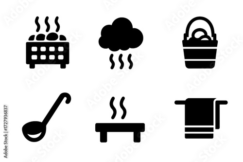 Steam Bath Icons. Solid, filled icon set of steam bath and spa: sauna stove, steam cloud, hot stones, water bucket, ladle, steam vent, bench, towel. [Line