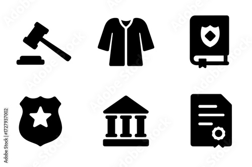 Legal Icon Set. Solid, filled icon set of rule enforcement: gavel, judge?s robe, scales of justice, law book, police badge, handcuffs, courthouse, legal