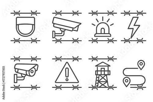 Barbed Wire Security Icons. Outline icon set of barbed wire security features: motion sensor, CCTV camera, alarm system, electric shock, floodlight, warning
