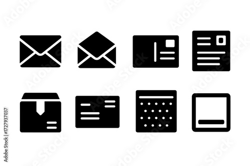 Mail Icon Set. Solid, filled icon set of mail items: sealed envelope, open envelope, postcard, letter with stamp, parcel box, express mail label, bubble