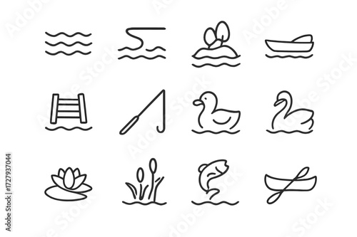 Lake Icon Set. Lake. Line icon set of lake: water waves, shoreline, island, boat, pier, fishing rod, duck, swan, water lily, reeds, jumping fish, canoe. All
