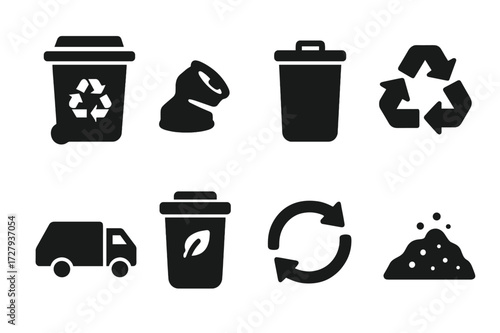 Recycling Icons Set. Solid, filled icon set of can recycling and disposal: recycling bin, crushed can, trash bin, recycle symbol, garbage truck, compost bin,