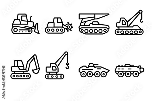 Combat Vehicle Icons. Outline icon set of combat engineering vehicles: armored bulldozer, mine clearing vehicle, bridge layer tank, recovery vehicle, combat