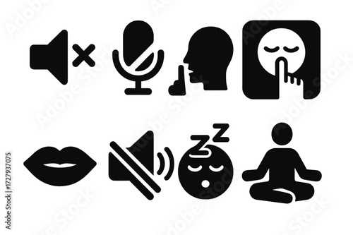 Silence Icon Set. Solid, filled icon set of silence symbols: mute speaker, crossed-out microphone, finger on lips, quiet zone sign, closed lips, no sound