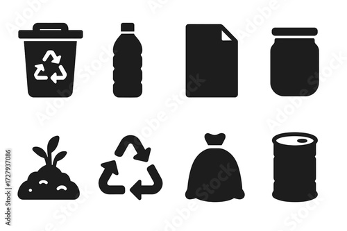 Eco-Friendly Icons. Solid, filled icon set of eco-friendly recycling: recycle bin, plastic bottle, paper sheet, glass jar, metal can, compost pile, recycling