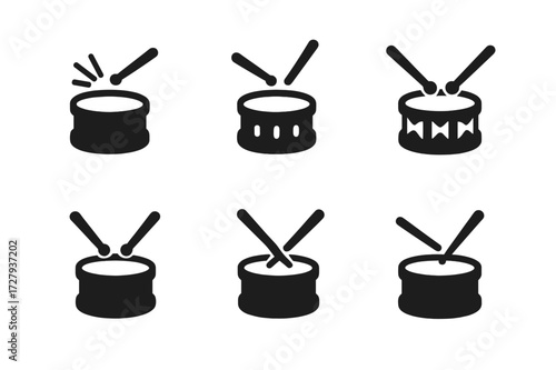 Drum Sound Icons. Solid, filled icon set of drum sound effects: rimshot, ghost note, flam, drag, buzz roll, paradiddle, backbeat, accent. Solid, filled icons