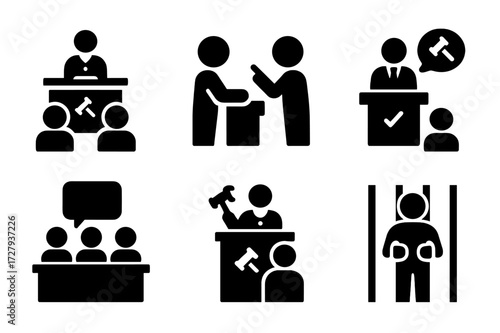 Legal Icons Grid. Solid, filled icon set of legal proceedings: trial, cross-examination, closing argument, jury deliberation, verdict announcement, sentencing,