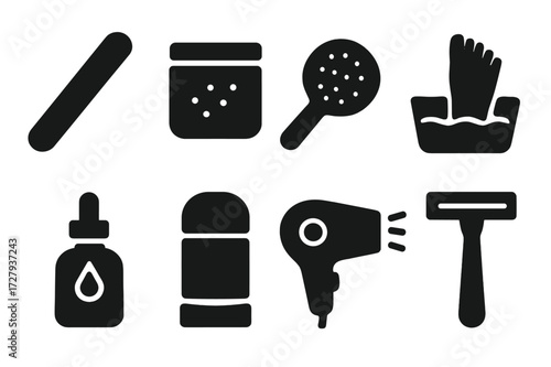 Self-Care Icon Set. Solid, filled icon set of self-care body care: nail file, body scrub, bath brush, foot soak, body oil, deodorant, hairdryer, razor. Line
