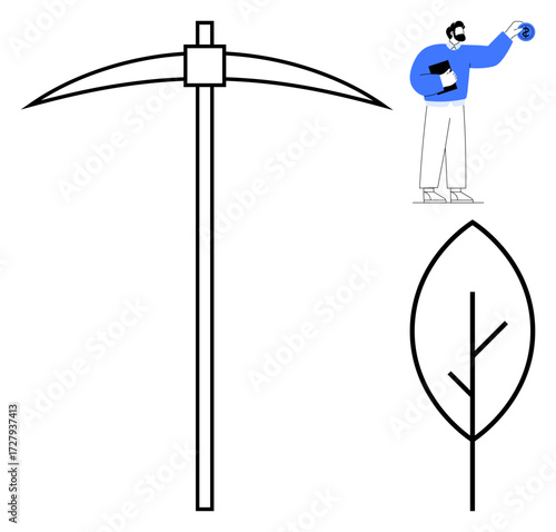 Pickaxe symbolizing resources, a leaf representing sustainability, and a researcher holding a gear for innovation. Ideal for energy, technology, research, environment, sustainability, mining