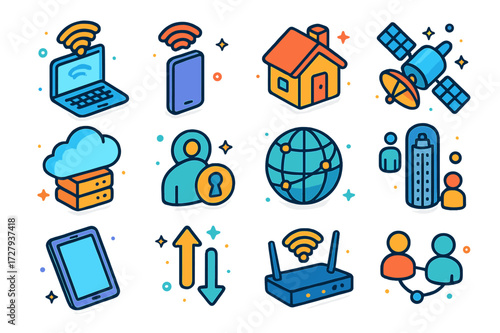 Internet Connectivity Icons. Internet accessibility. Colorful isometric vector icons set of Internet accessibility: laptop with Wi-Fi, smartphone, rural house