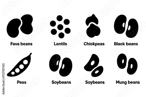 Legume Icon Grid. Solid, filled icon set of legume crops: fava beans, lentils, chickpeas, black beans, kidney beans, peas, soybeans, mung beans. [Line icons in