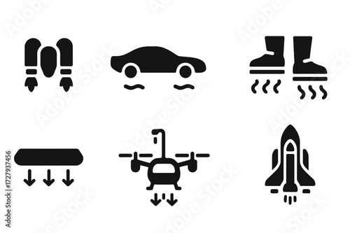 Futuristic Flight Icons. Solid, filled icon set of futuristic flight: jetpack, flying car, hoverboard, anti-gravity boots, floating platform, vertical lifter,