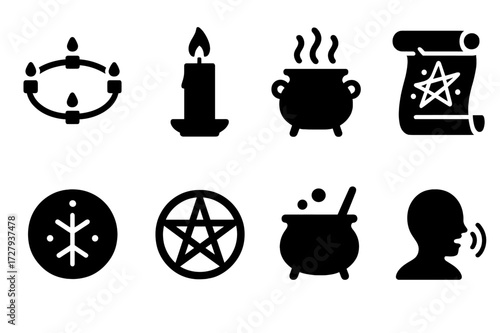 Magical Ritual Icons. Solid, filled icon set of magical rituals: summoning circle, magic candle, incense burner, spell scroll, magical sigil, pentagram, potion