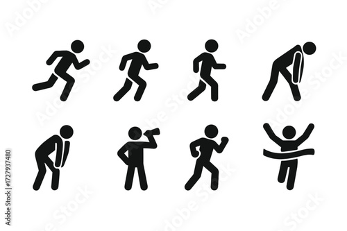 Marathon Runner Icons. Solid, filled icon set of marathon runner movements: sprinting, pacing, jogging, stretching, breathing, hydration, endurance, finishing