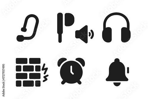 Soft Communication Icons. Solid, filled icon set of soft communication devices: whisper microphone, earbud, soft speaker, noise cancelling